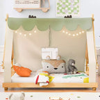 Letti a baldacchino a casetta singoli/matrimoniali con tenda e luci decorative, giroletto a piattaforma per bambini e ragazzi, nessuna rete a molle necessaria
