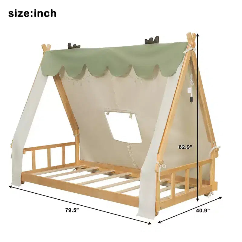 Letti a baldacchino a casetta singoli/matrimoniali con tenda e luci decorative, giroletto a piattaforma per bambini e ragazzi, nessuna rete a molle necessaria