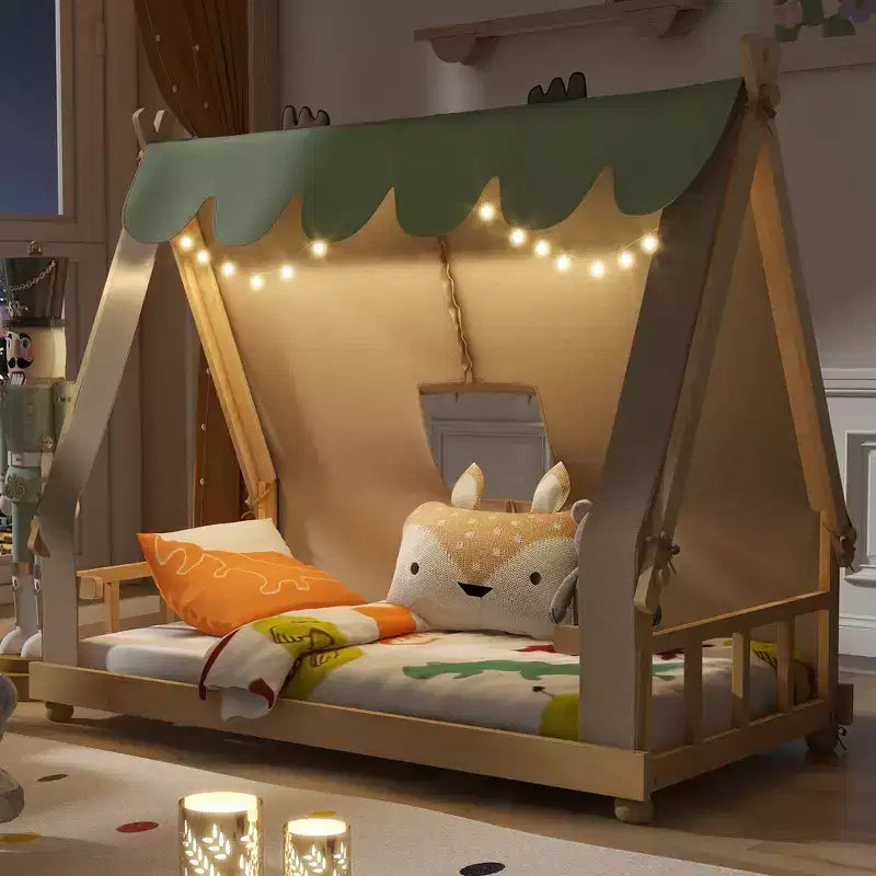 Letti a baldacchino a casetta singoli/matrimoniali con tenda e luci decorative, giroletto a piattaforma per bambini e ragazzi, nessuna rete a molle necessaria
