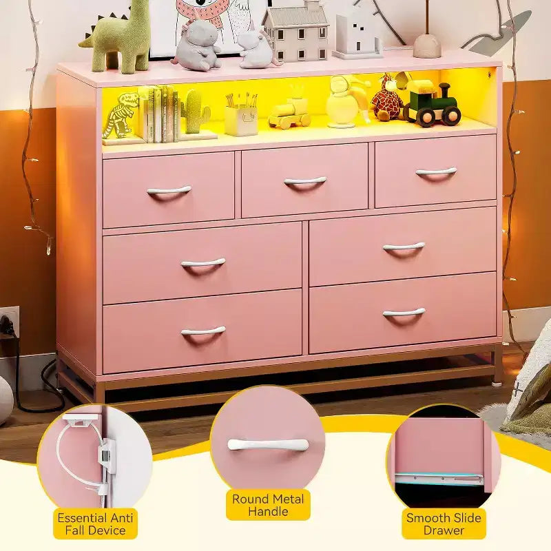 Acekool 7 Drawer Dresser with Charging Station, Modern Wide Chest for Bedroom or Living Room