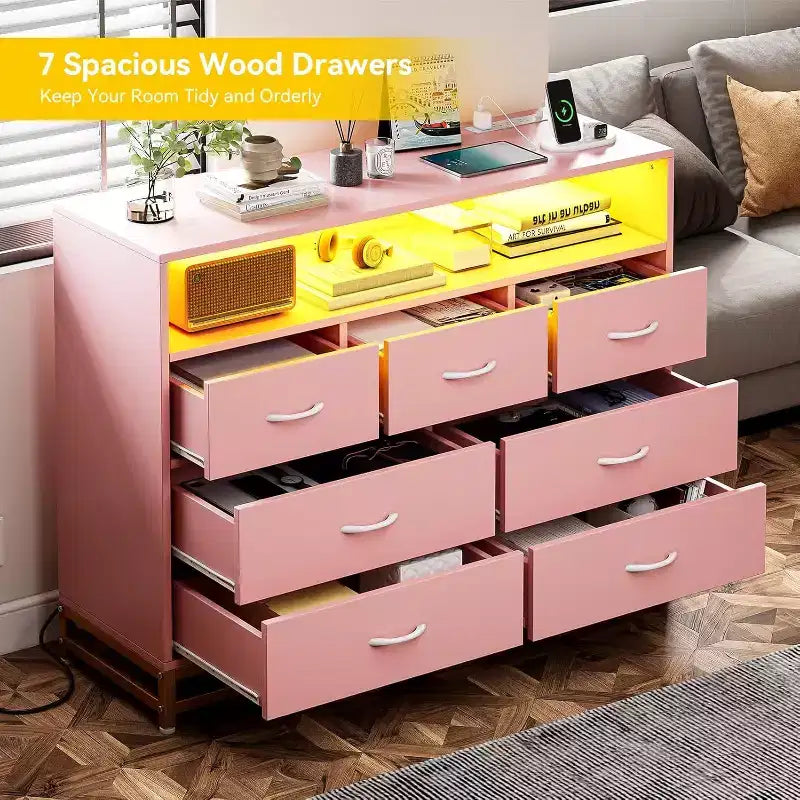Acekool 7 Drawer Dresser with Charging Station, Modern Wide Chest for Bedroom or Living Room