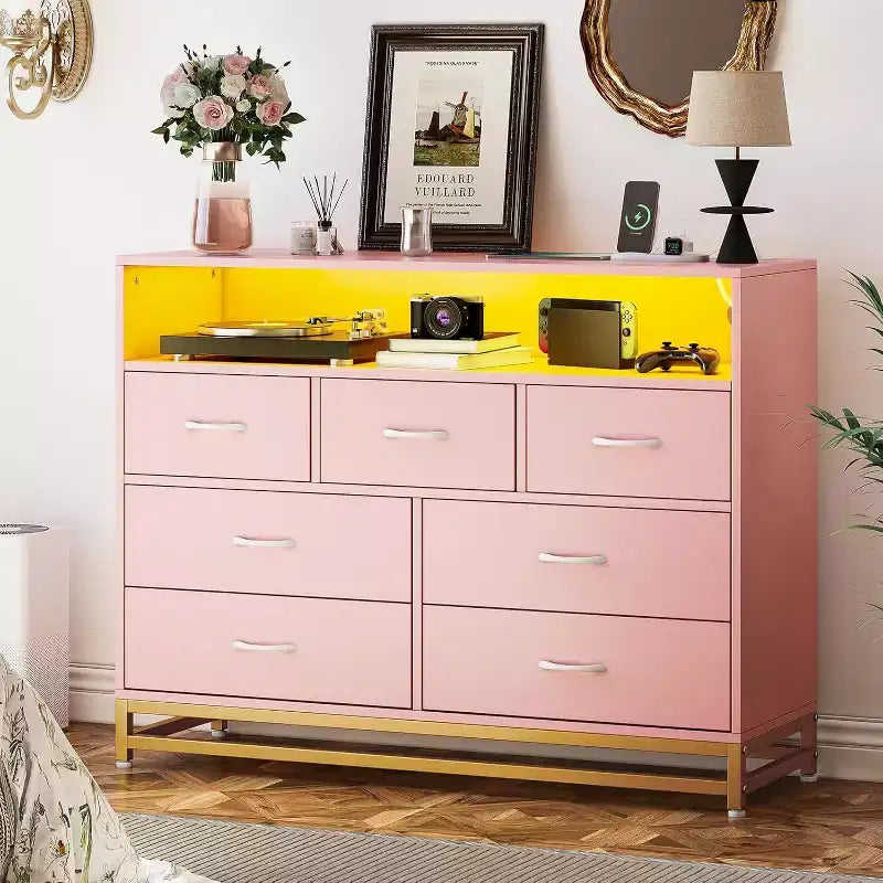 Acekool 7 Drawer Dresser with Charging Station, Modern Wide Chest for Bedroom or Living Room