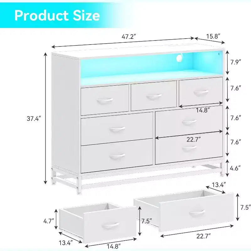 Acekool 7 Drawer Dresser with Charging Station, Modern Wide Chest for Bedroom or Living Room
