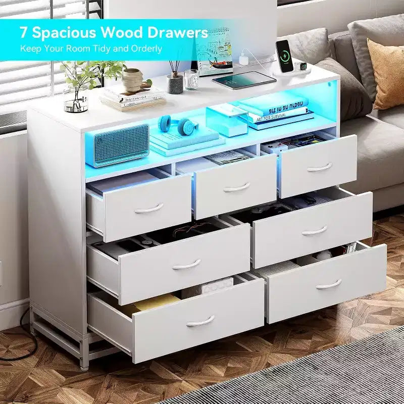 Acekool 7 Drawer Dresser with Charging Station, Modern Wide Chest for Bedroom or Living Room