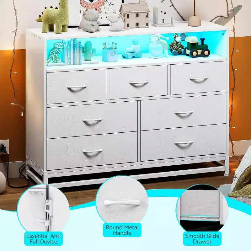 Acekool 7 Drawer Dresser with Charging Station, Modern Wide Chest for Bedroom or Living Room
