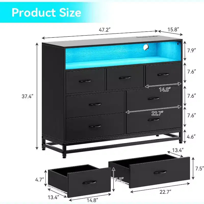 Acekool 7 Drawer Dresser with Charging Station, Modern Wide Chest for Bedroom or Living Room