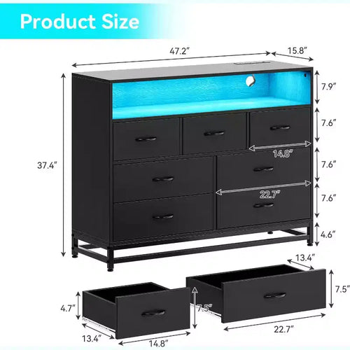 Acekool 7 Drawer Dresser with Charging Station, Modern Wide Chest for Bedroom or Living Room