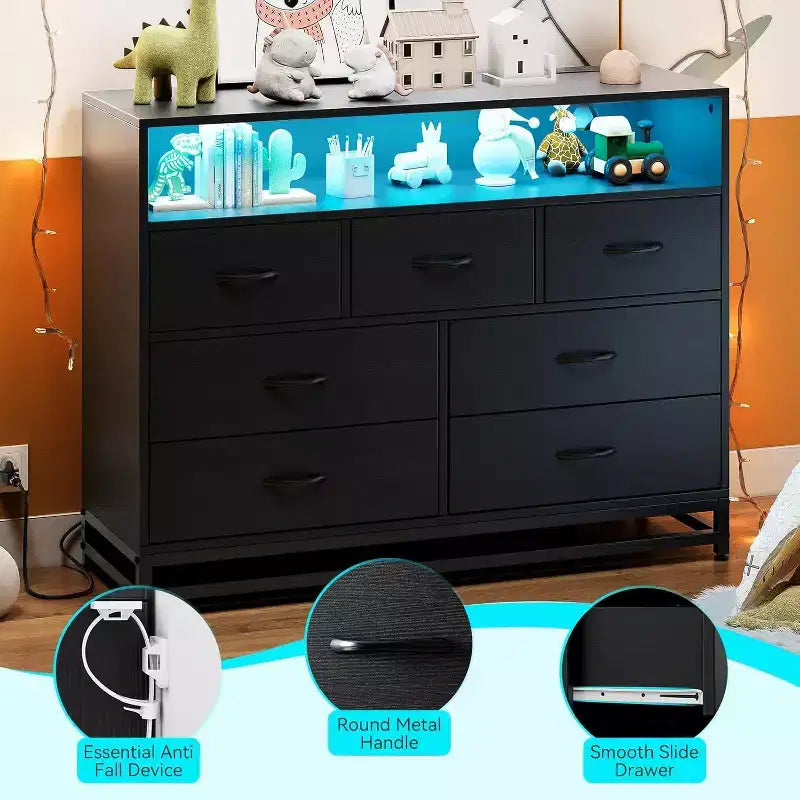 Acekool 7 Drawer Dresser with Charging Station, Modern Wide Chest for Bedroom or Living Room