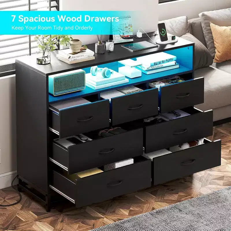 Acekool 7 Drawer Dresser with Charging Station, Modern Wide Chest for Bedroom or Living Room