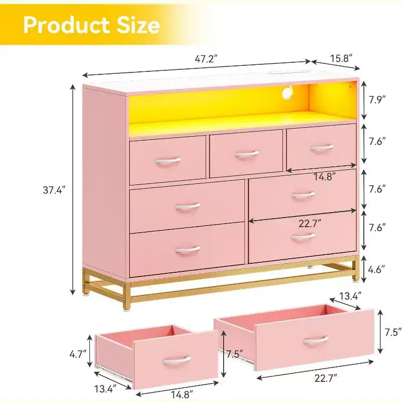 Acekool 7 Drawer Dresser with Charging Station, Modern Wide Chest for Bedroom or Living Room