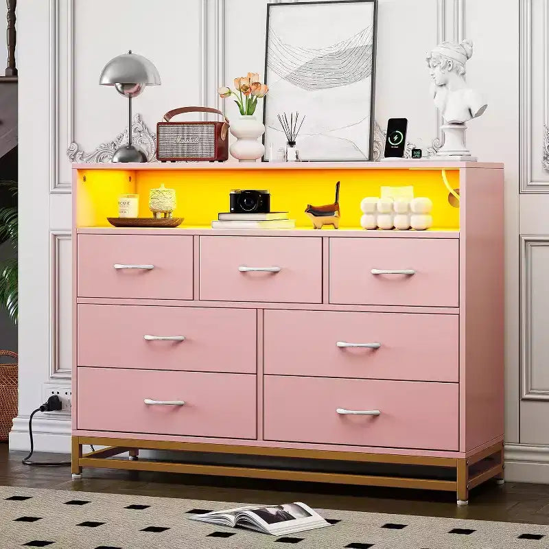 Acekool 7 Drawer Dresser with Charging Station, Modern Wide Chest for Bedroom or Living Room
