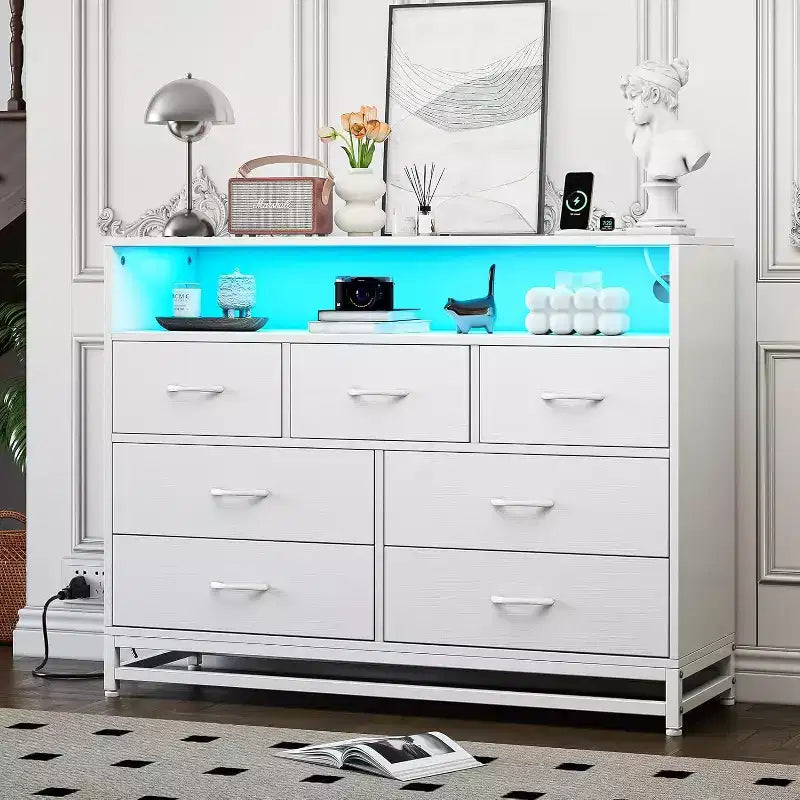 Acekool 7 Drawer Dresser with Charging Station, Modern Wide Chest for Bedroom or Living Room