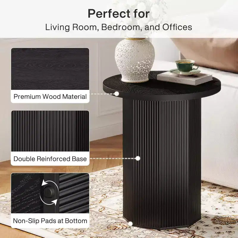 Tavolino Rotondo, Tavolino da Divano con Piedistallo Stile Fattoria, Comodino in Legno Scanalato, Tavolino da Caffè per Soggiorno, Camera da Letto, Nero