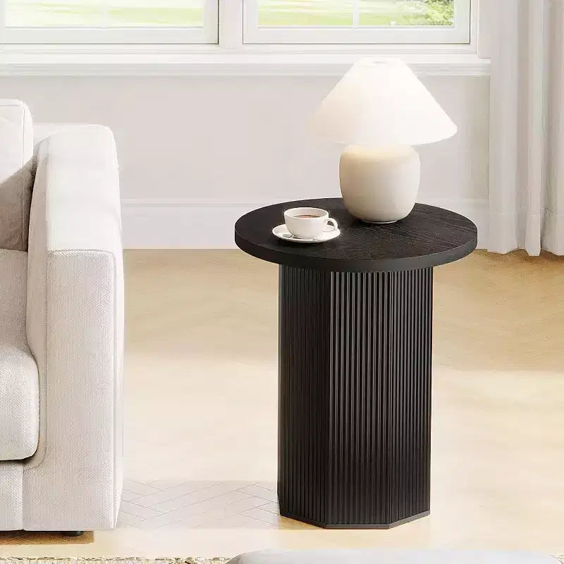 Tavolino Rotondo, Tavolino da Divano con Piedistallo Stile Fattoria, Comodino in Legno Scanalato, Tavolino da Caffè per Soggiorno, Camera da Letto, Nero