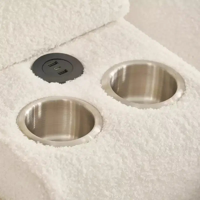 Divano angolare in tessuto di pelliccia di alta qualità da 92 pollici con tavolino da caffè con consolle centrale per appartamenti in soggiorno, colore bianco
