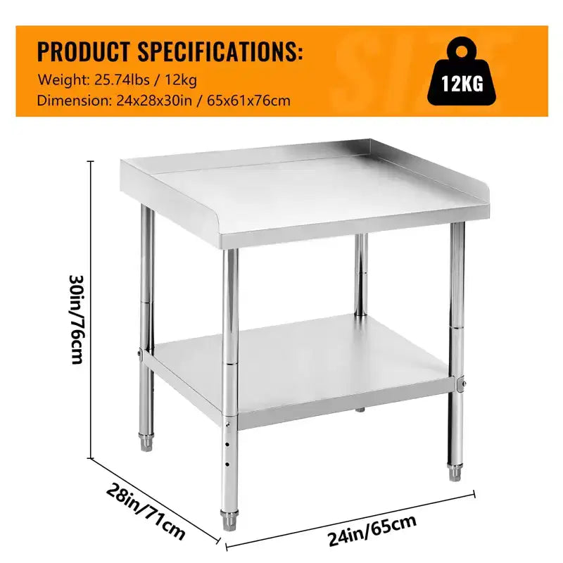 Table de travail commerciale en acier inoxydable réglable en hauteur - Capacité de 180 kg, 2 rebords de sécurité, robuste pour cuisine de restaurant et préparation alimentaire