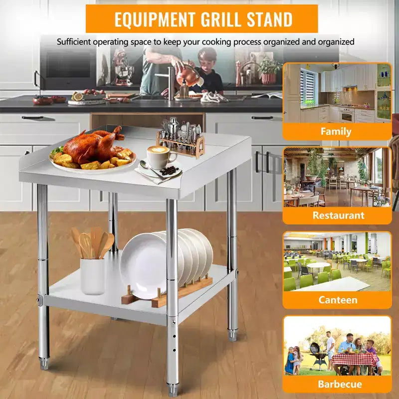Table de travail commerciale en acier inoxydable réglable en hauteur - Capacité de 180 kg, 2 rebords de sécurité, robuste pour cuisine de restaurant et préparation alimentaire