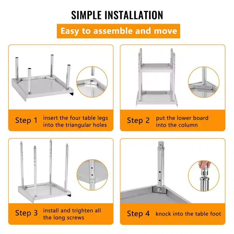 Table de travail commerciale en acier inoxydable réglable en hauteur - Capacité de 180 kg, 2 rebords de sécurité, robuste pour cuisine de restaurant et préparation alimentaire