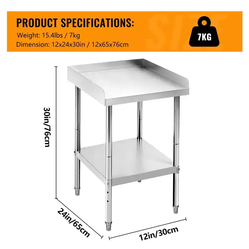 Table de travail commerciale en acier inoxydable réglable en hauteur - Capacité de 180 kg, 2 rebords de sécurité, robuste pour cuisine de restaurant et préparation alimentaire