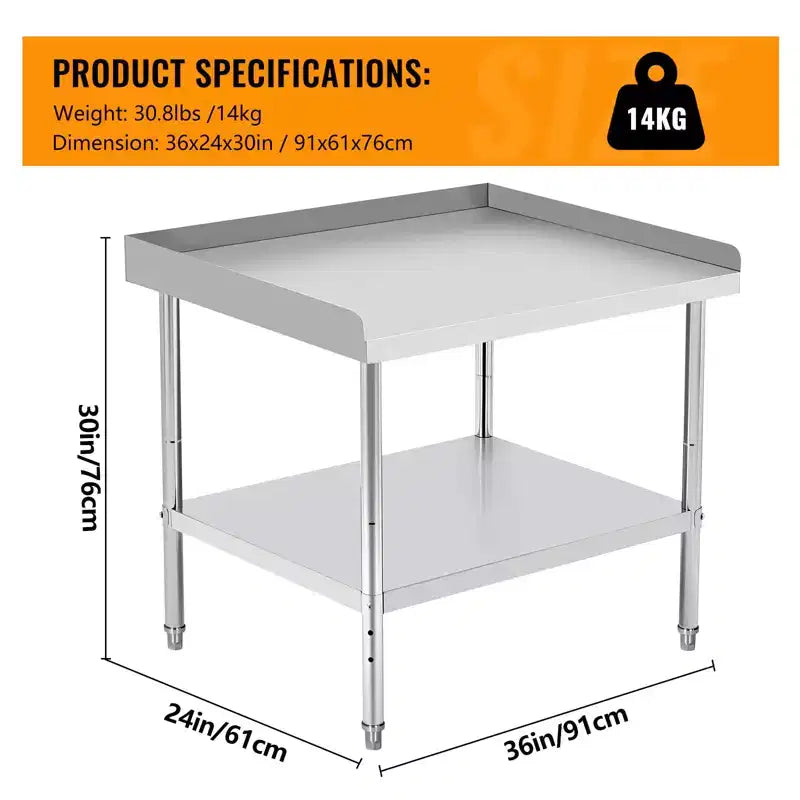 Table de travail commerciale en acier inoxydable réglable en hauteur - Capacité de 180 kg, 2 rebords de sécurité, robuste pour cuisine de restaurant et préparation alimentaire