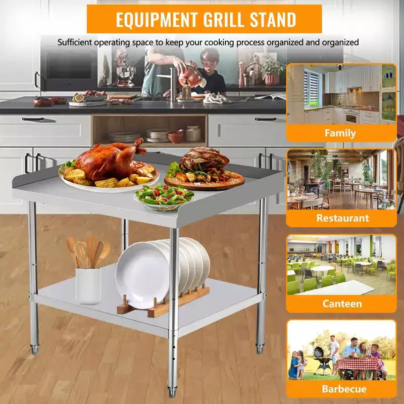 Table de travail commerciale en acier inoxydable réglable en hauteur - Capacité de 180 kg, 2 rebords de sécurité, robuste pour cuisine de restaurant et préparation alimentaire