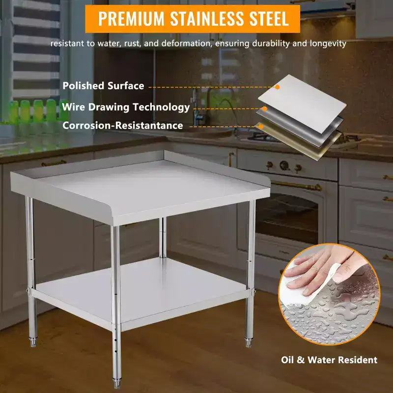 Table de travail commerciale en acier inoxydable réglable en hauteur - Capacité de 180 kg, 2 rebords de sécurité, robuste pour cuisine de restaurant et préparation alimentaire