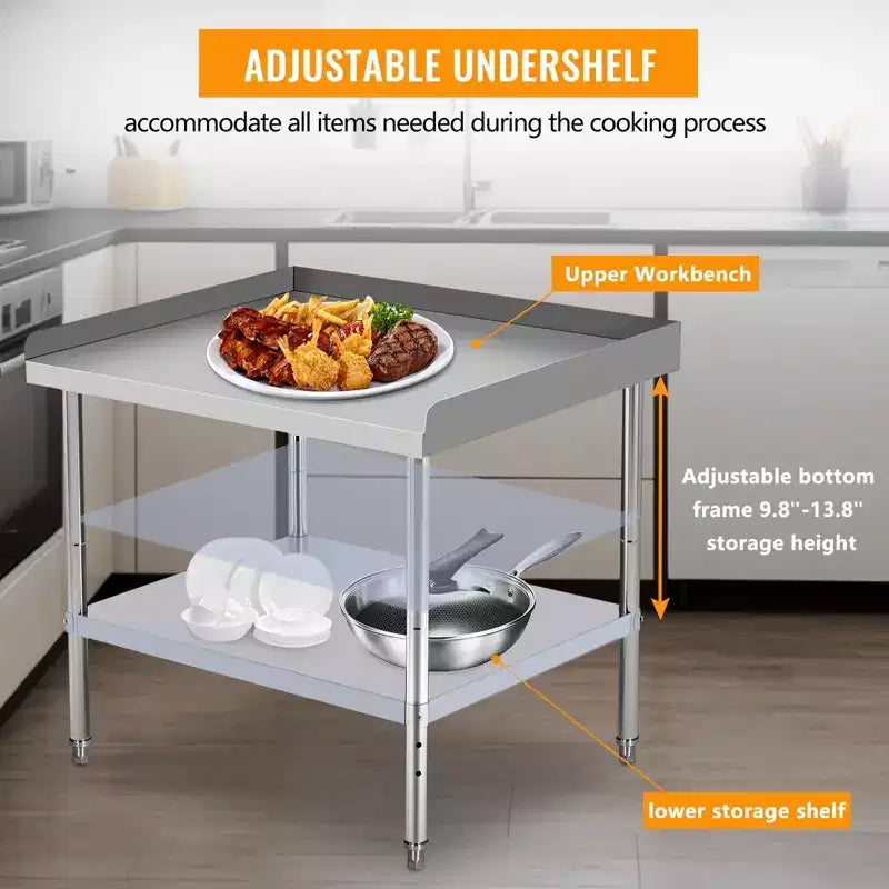 Table de travail commerciale en acier inoxydable réglable en hauteur - Capacité de 180 kg, 2 rebords de sécurité, robuste pour cuisine de restaurant et préparation alimentaire