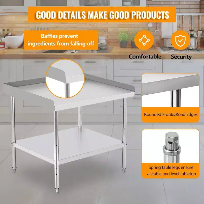 Table de travail commerciale en acier inoxydable réglable en hauteur - Capacité de 180 kg, 2 rebords de sécurité, robuste pour cuisine de restaurant et préparation alimentaire