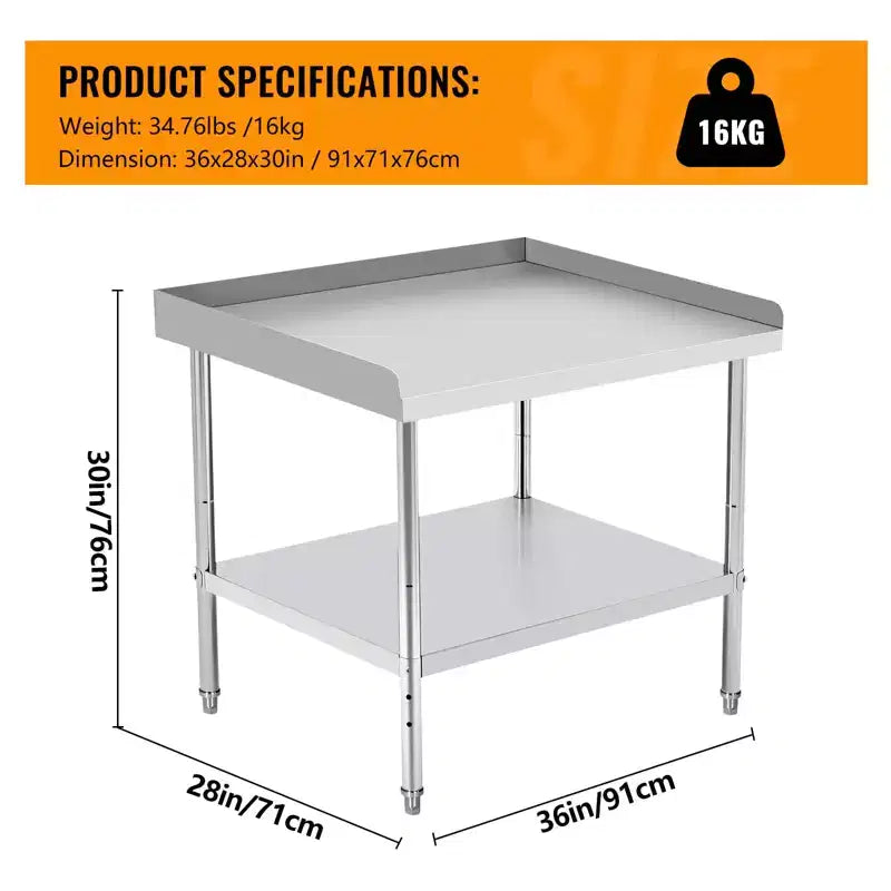Table de travail commerciale en acier inoxydable réglable en hauteur - Capacité de 180 kg, 2 rebords de sécurité, robuste pour cuisine de restaurant et préparation alimentaire