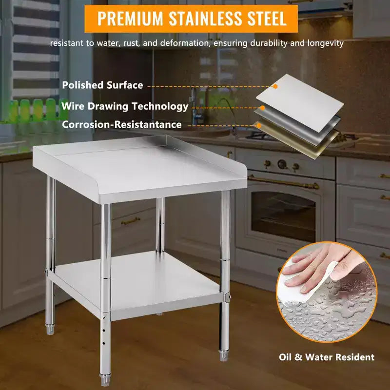 Table de travail commerciale en acier inoxydable réglable en hauteur - Capacité de 180 kg, 2 rebords de sécurité, robuste pour cuisine de restaurant et préparation alimentaire