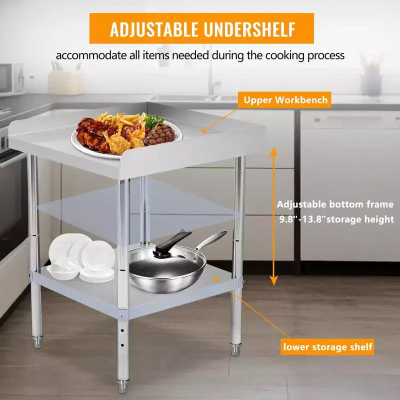 Table de travail commerciale en acier inoxydable réglable en hauteur - Capacité de 180 kg, 2 rebords de sécurité, robuste pour cuisine de restaurant et préparation alimentaire