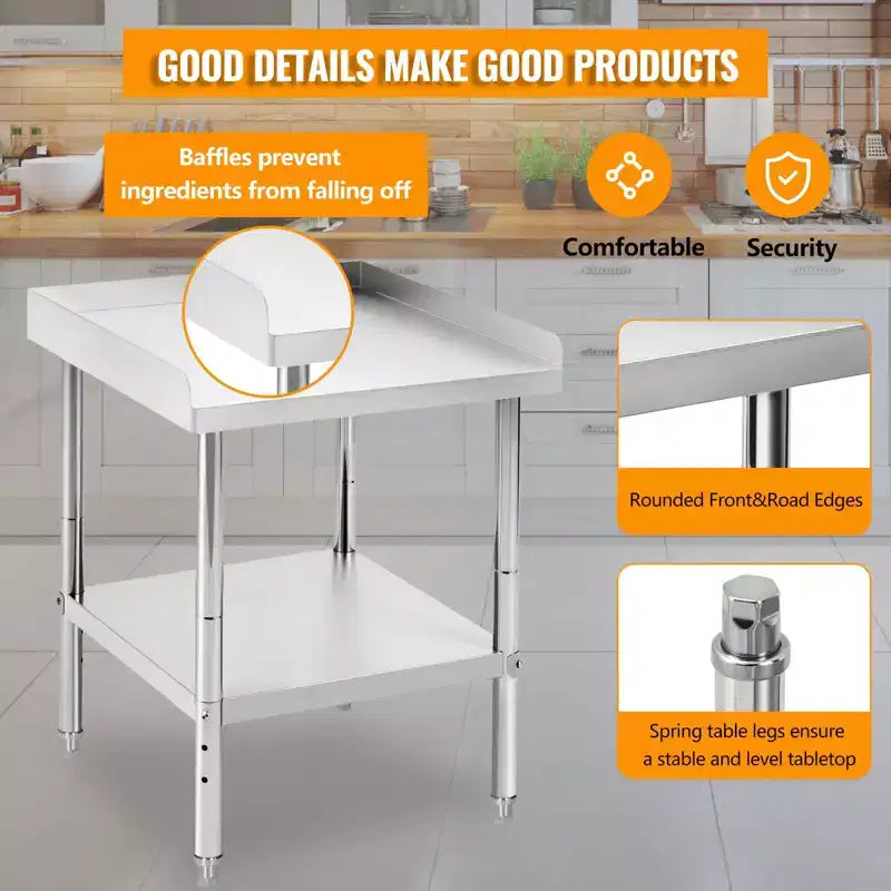Table de travail commerciale en acier inoxydable réglable en hauteur - Capacité de 180 kg, 2 rebords de sécurité, robuste pour cuisine de restaurant et préparation alimentaire