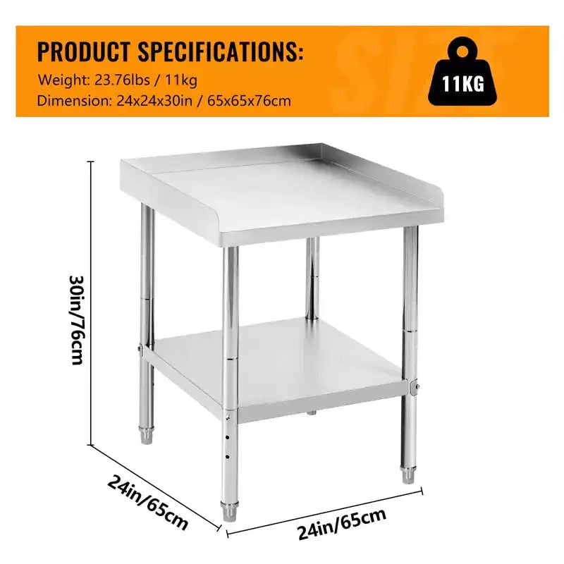Table de travail commerciale en acier inoxydable réglable en hauteur - Capacité de 180 kg, 2 rebords de sécurité, robuste pour cuisine de restaurant et préparation alimentaire