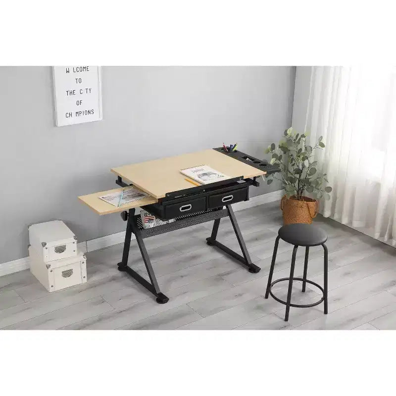 Tavolo da Disegno Regolabile in Altezza con Inclinazione 0-75°, Tavolo d'Arte per Adulti, con Due Cassetti e uno Sgabello, Tavolo per Artisti, Tavolo da Disegno per Pittori, Quercia Bianca