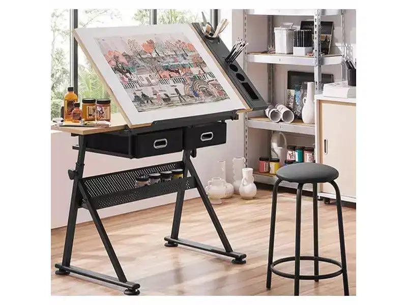 Tavolo da Disegno Regolabile in Altezza con Inclinazione 0-75°, Tavolo d'Arte per Adulti, con Due Cassetti e uno Sgabello, Tavolo per Artisti, Tavolo da Disegno per Pittori, Quercia Bianca