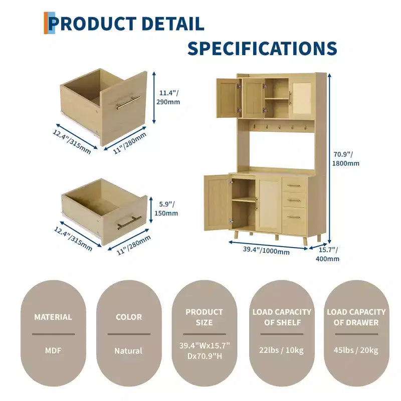 Mobile Dispensa da Cucina in Rattan da 71", Mobile Buffet con Supporto per Microonde, Ripiani Regolabili e 6 Ganci, Naturale