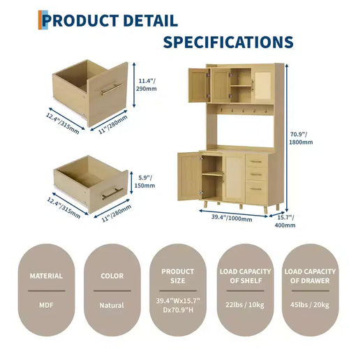 Mobile Dispensa da Cucina in Rattan da 71", Mobile Buffet con Supporto per Microonde, Ripiani Regolabili e 6 Ganci, Naturale