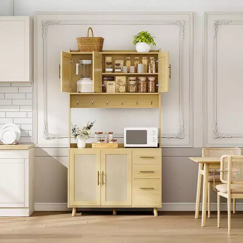 Mobile Dispensa da Cucina in Rattan da 71", Mobile Buffet con Supporto per Microonde, Ripiani Regolabili e 6 Ganci, Naturale