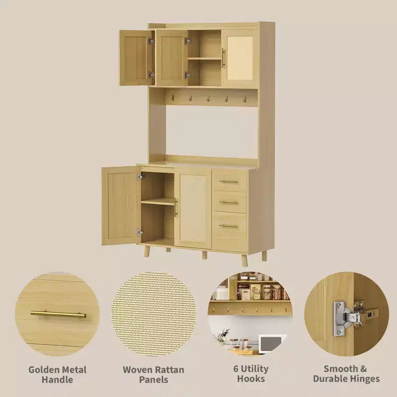 Mobile Dispensa da Cucina in Rattan da 71", Mobile Buffet con Supporto per Microonde, Ripiani Regolabili e 6 Ganci, Naturale