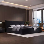 Letto a piattaforma imbottito king size, struttura letto in metallo e legno massiccio con testiera in velluto dalla forma speciale
