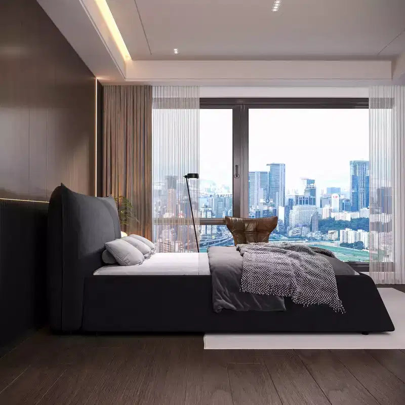 Letto a piattaforma imbottito king size, struttura letto in metallo e legno massiccio con testiera in velluto dalla forma speciale
