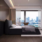 Letto a piattaforma imbottito king size, struttura letto in metallo e legno massiccio con testiera in velluto dalla forma speciale