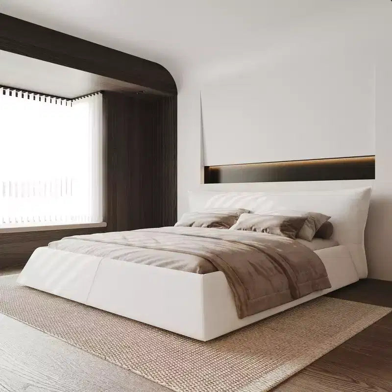 Letto a piattaforma imbottito king size, struttura letto in metallo e legno massiccio con testiera in velluto dalla forma speciale