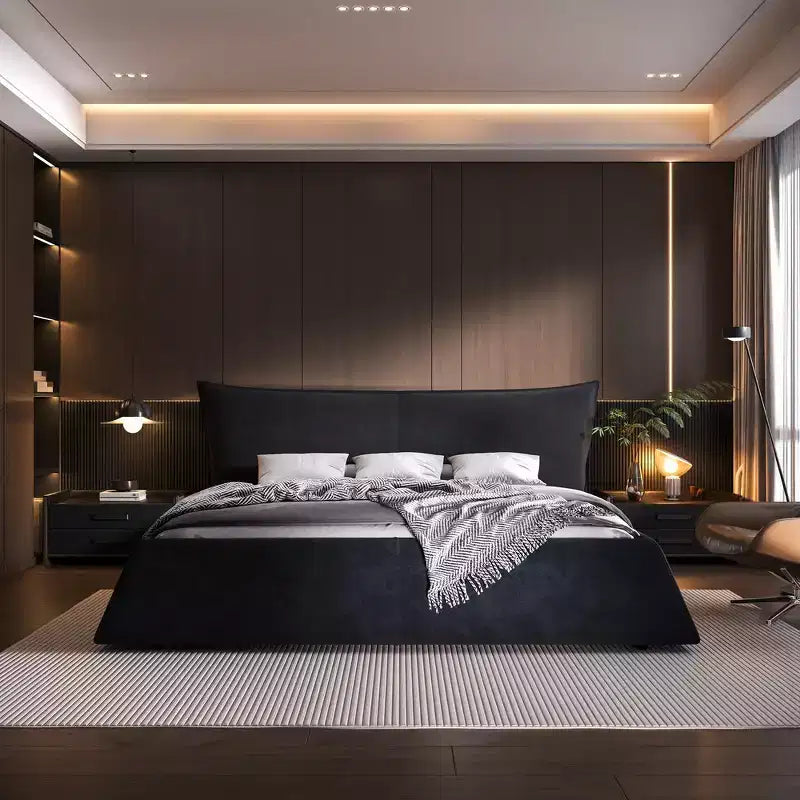 Letto a piattaforma imbottito king size, struttura letto in metallo e legno massiccio con testiera in velluto dalla forma speciale