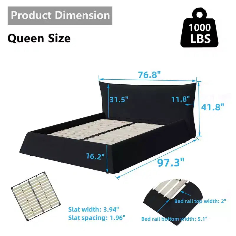 Letto a piattaforma imbottito king size, struttura letto in metallo e legno massiccio con testiera in velluto dalla forma speciale
