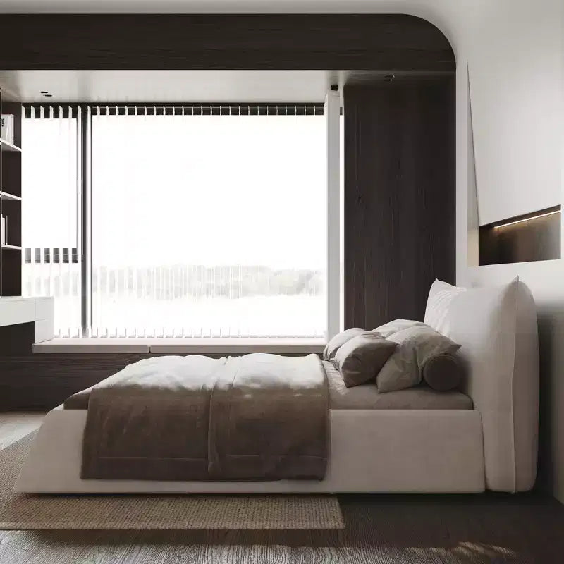 Letto a piattaforma imbottito king size, struttura letto in metallo e legno massiccio con testiera in velluto dalla forma speciale