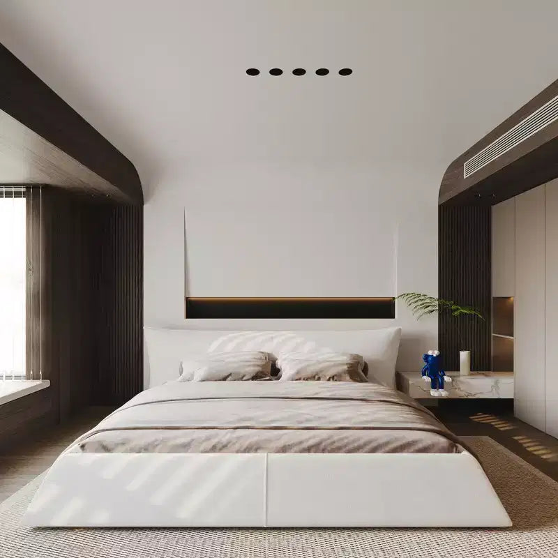 Letto a piattaforma imbottito king size, struttura letto in metallo e legno massiccio con testiera in velluto dalla forma speciale