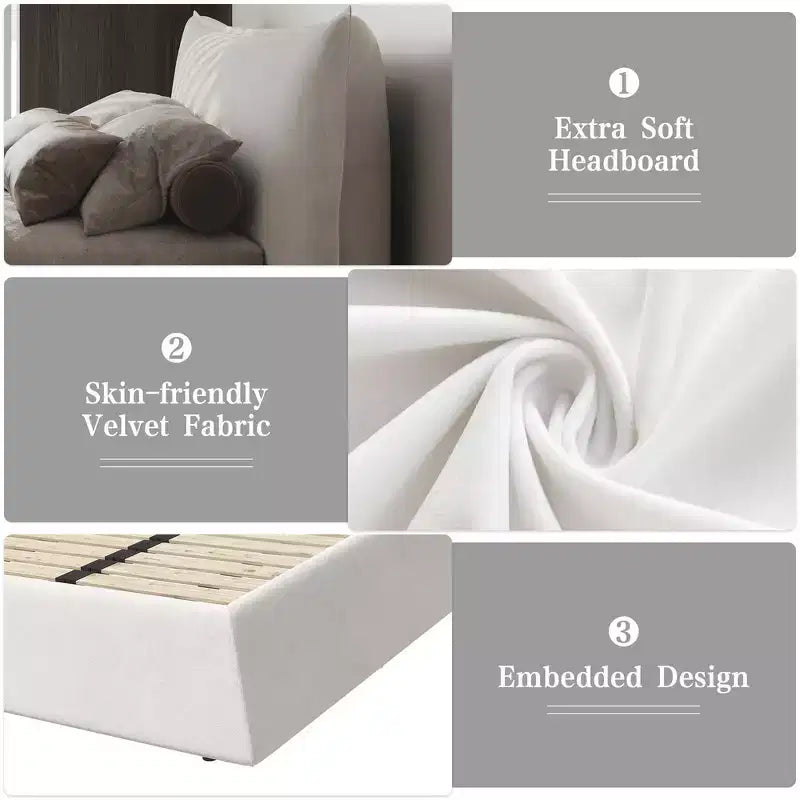 Letto a piattaforma imbottito king size, struttura letto in metallo e legno massiccio con testiera in velluto dalla forma speciale