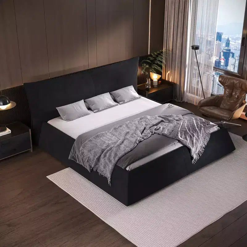 Letto a piattaforma imbottito king size, struttura letto in metallo e legno massiccio con testiera in velluto dalla forma speciale