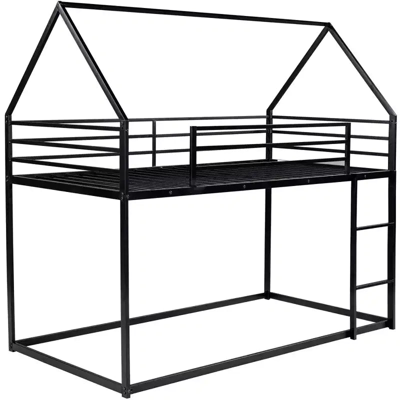 Bellemave Metal House Bunk Bed, Twin Over Twin/Twin Over Full Option, With Slide & Ladder, Guardrails, Playhouse Style Frame for Kids, Boys & Girls